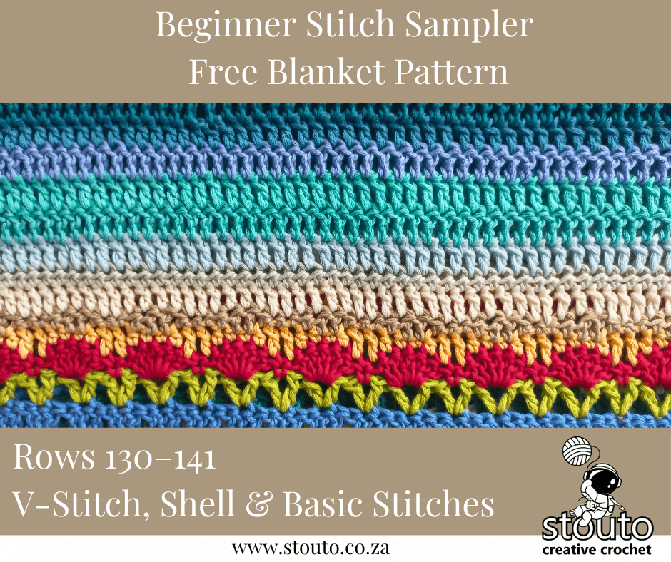 The final rows! Combine V-stitches, gentle shells, and basic stitches for a beautiful finishing stretch.