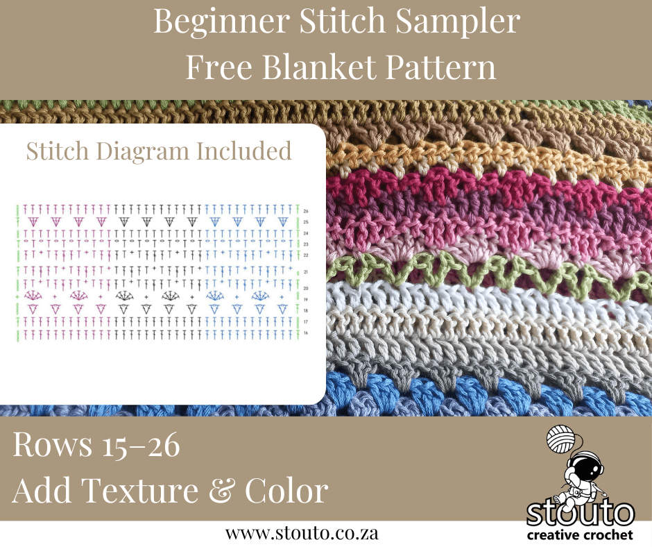 Rows 15–26 create gorgeous texture and definition.Diagram included for stitch placement.