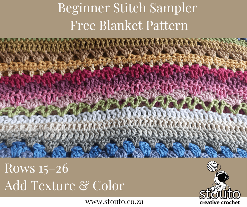 Add personality! Rows 15–26 introduce rich texture and pops of colour to bring your sampler to life.