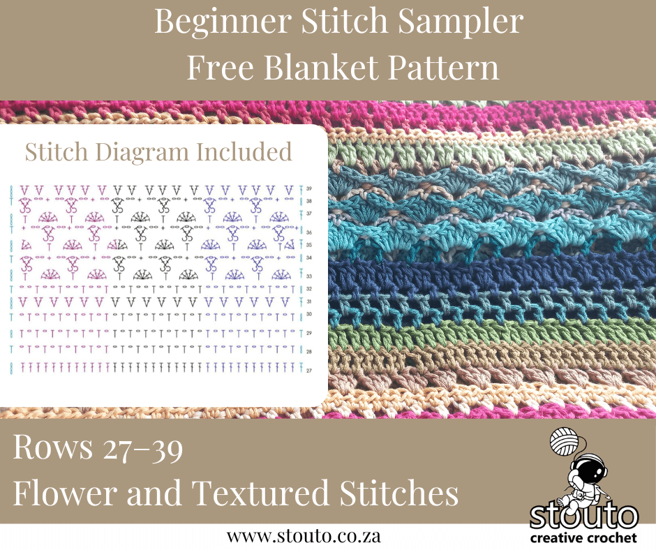Rows 27–39 bring in floral charm and raised texture.Flower stitch diagram added.