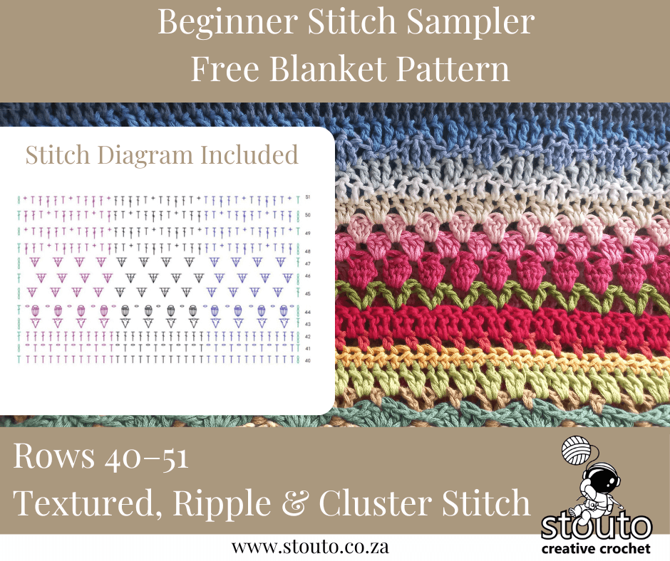 Rows 40–51 bring beautiful ripple flow and cluster depth. Stitch diagram included