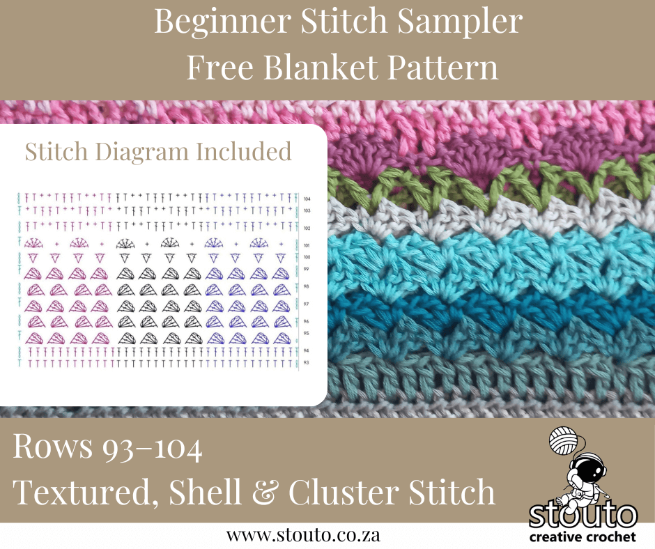 Bold shells and clusters shine in this section. Shell stitch diagram included.