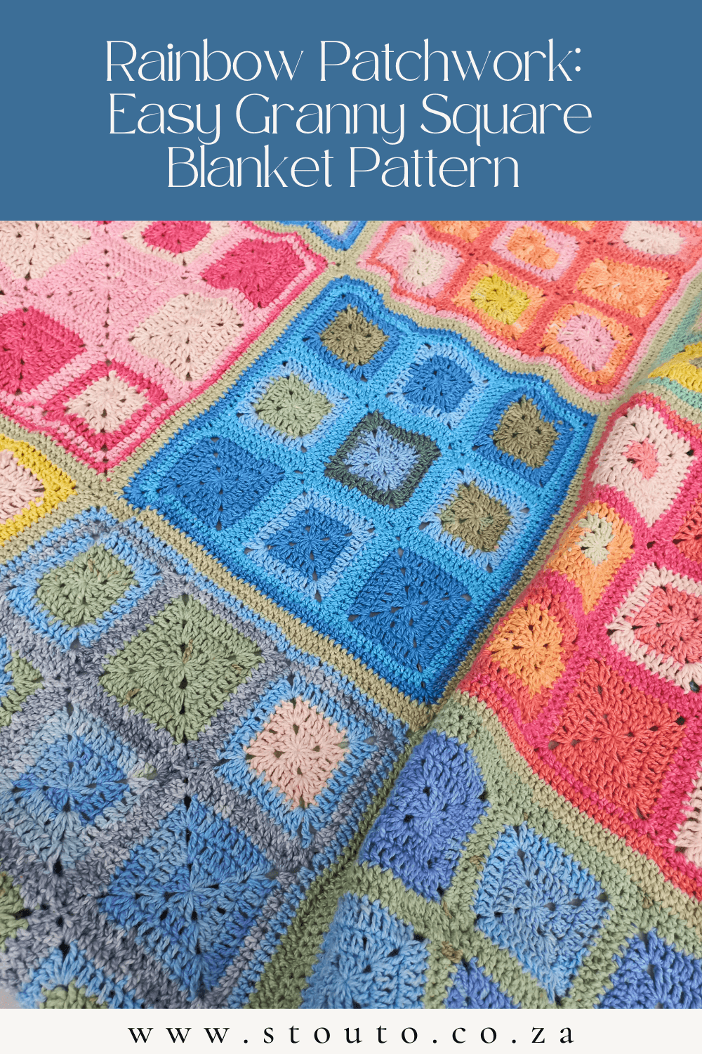 Brighten your space with an easy granny square blanket full of cheerful rainbow tones and classic crochet charm