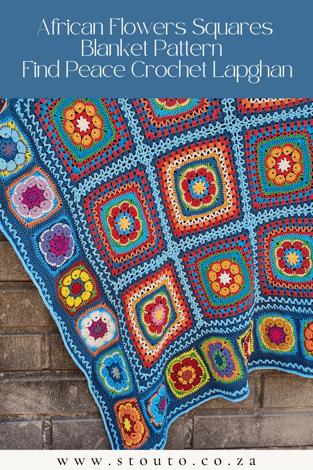 The Find Peace crochet lapghan pattern is designed for calm creative moments. Build your blanket square by square with timeless African flower motifs.