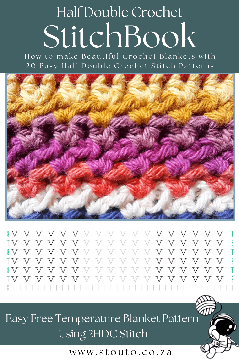2HDC crochet stitch diagram showing two half double crochet stitches in each space