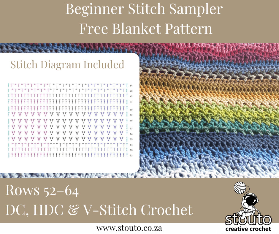 Rows 52–64 – DC, HDC & V-Stitch Crochet Stitch Sampler Blanket - Free Stitch Sampler Blanket Pattern for Beginners