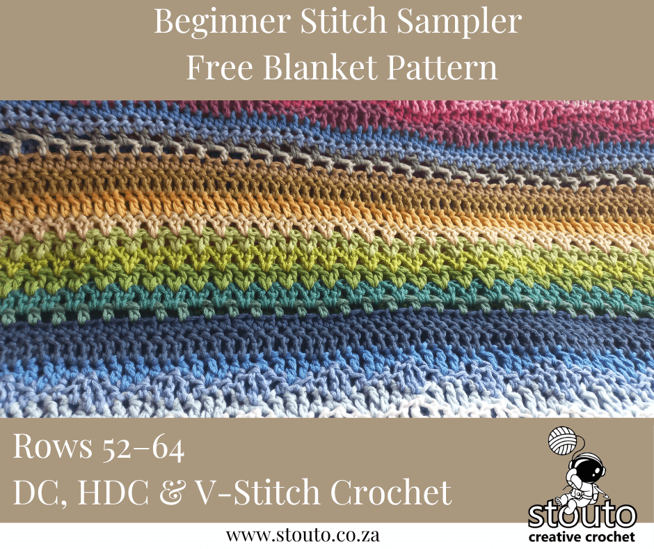 Rows 52–64 – DC, HDC & V-Stitch Crochet Stitch Sampler Blanket - Free Stitch Sampler Blanket Pattern for Beginners