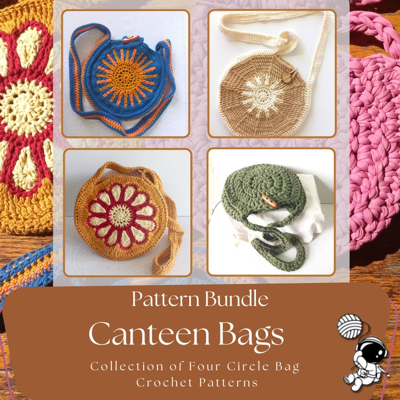 Canteen bags pattern bundle includes a selection of round crochet crossbody bags