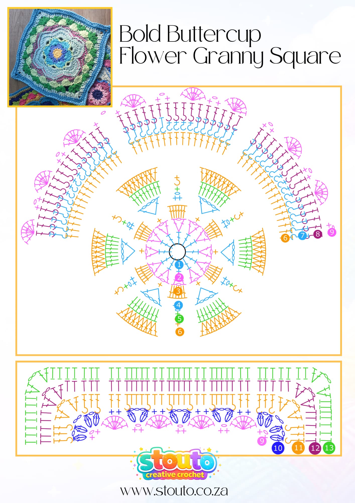 Stitch diagram pattern for the bold buttercup flower crochet square pattern
