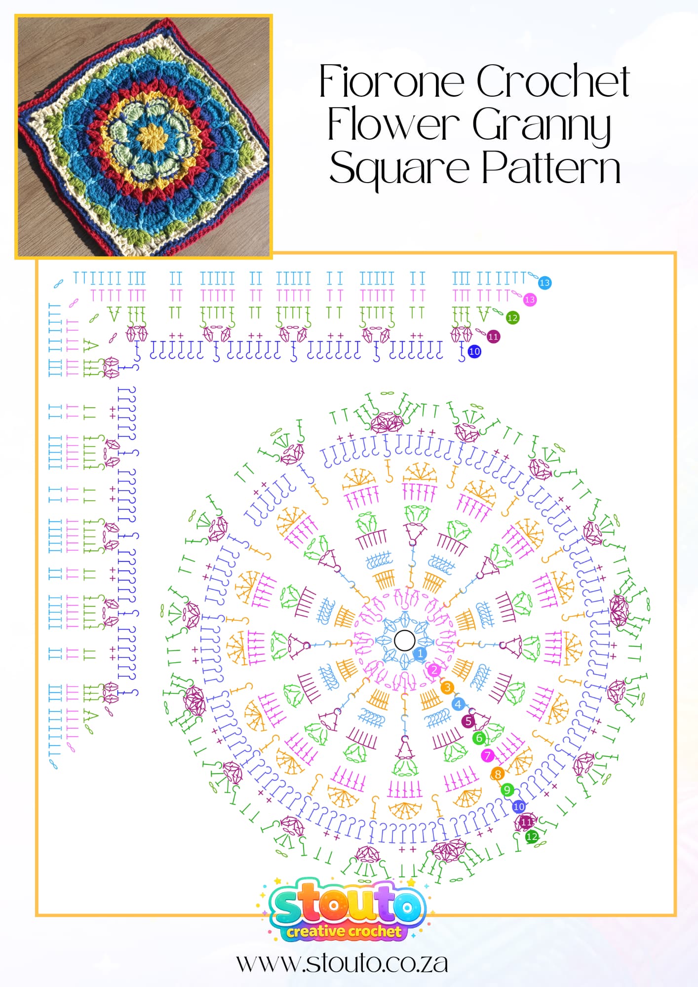 Fiorone granny square flower crochet pattern stitch diagram with a textured floral centre