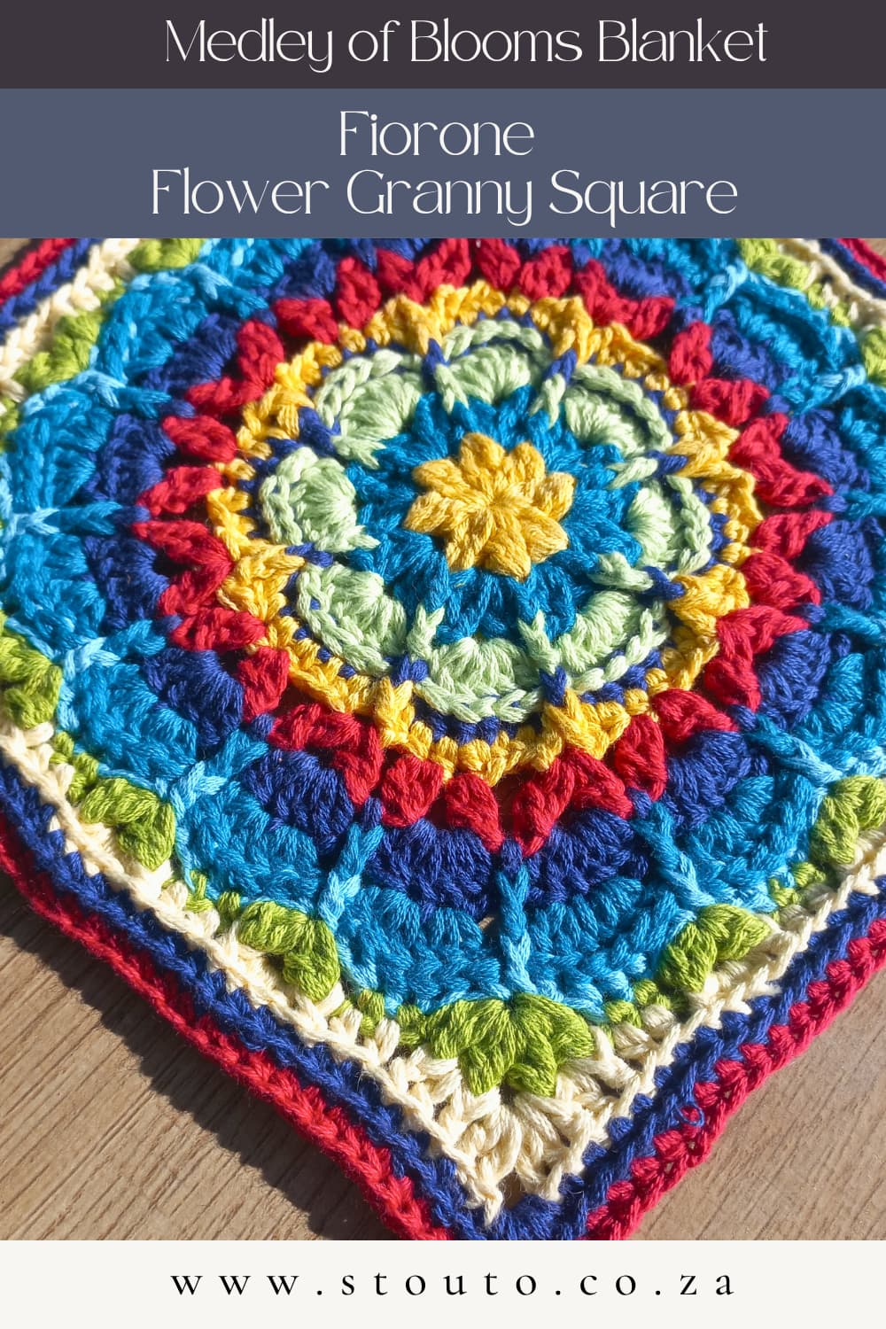 Fiorone granny square flower crochet pattern with a textured floral centre