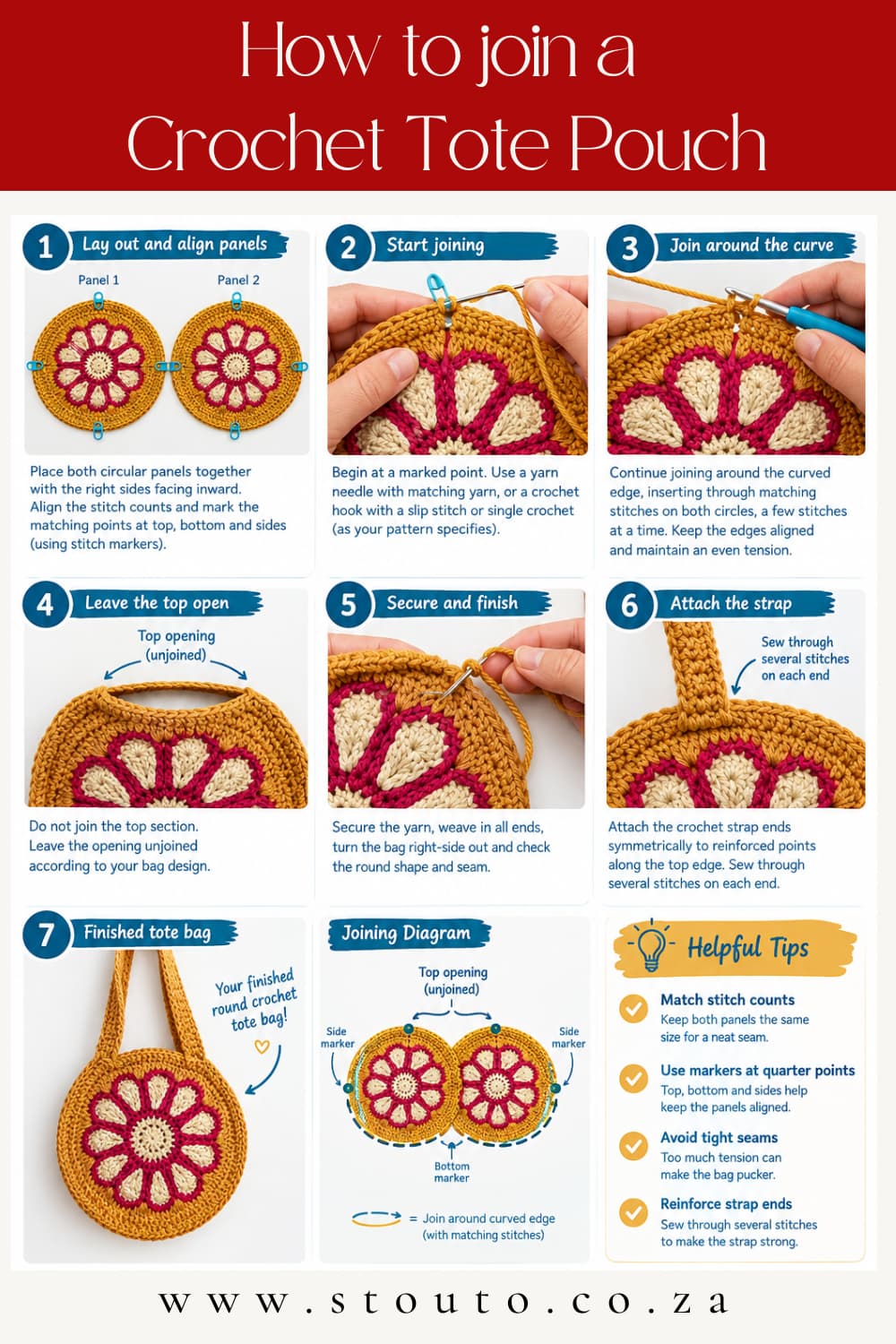 Step by Step - How to join a round crochet tote pouch