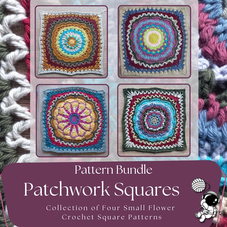 Four large crochet square in one easy to download PDF pattern bundle
