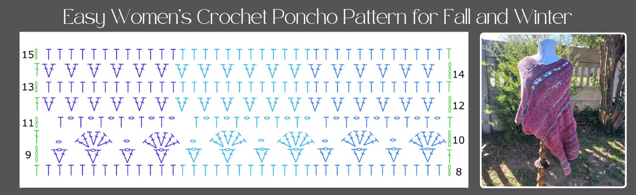 Easy womens crochet pocho patterns for fall and winter pane b - Rows 8 to 15