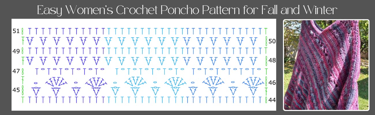 Easy womens crochet pocho patterns for fall and winter rows 44 to 51