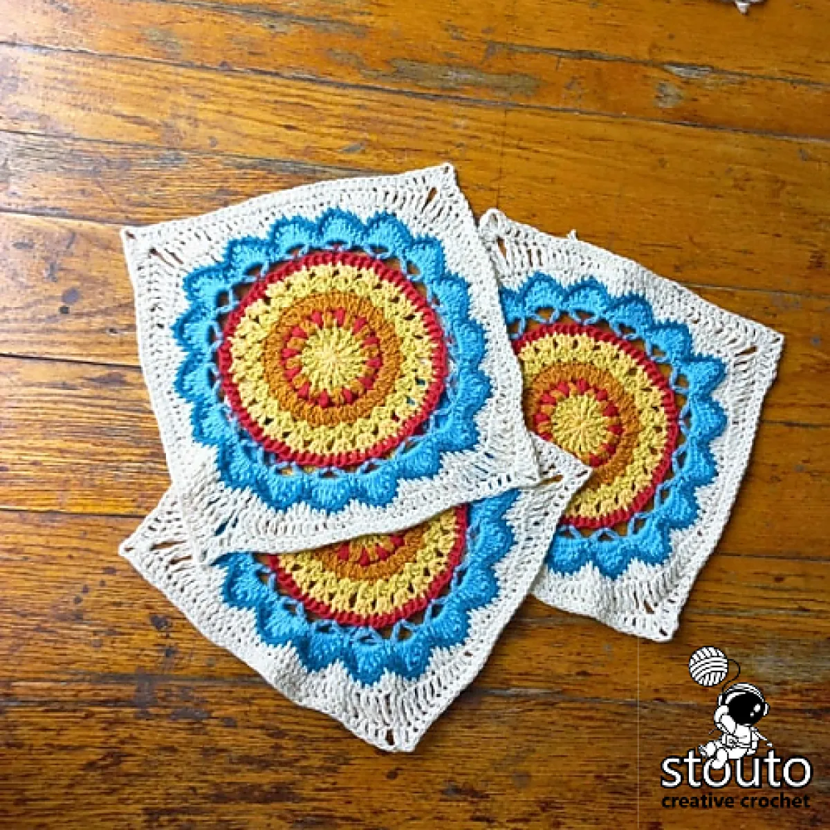 Handmade crochet flower square pattern for creating modern granny square blankets, cushions and tote bags