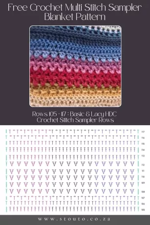 Free Crochet Stitch Sampler Blanket Pattern - Rows 105–117 – Basic & Lacy HDC Crochet Stitch Sampler Rows