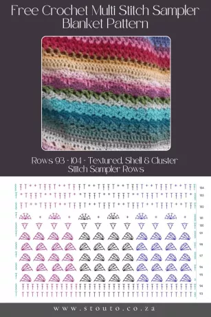 Free Crochet Stitch Sampler Blanket Pattern - Rows 93–104 – Textured, Shell & Cluster Stitch Sampler Rows