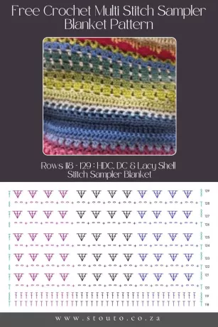 Free Crochet Stitch Sampler Blanket Pattern - Rows 118–129 – HDC, DC & Lacy Shell Stitch Sampler Blanket