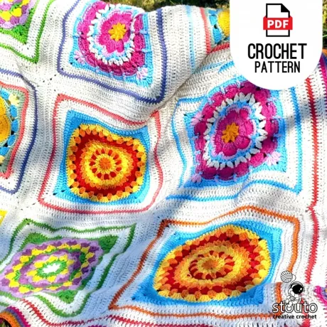 Boxed flower granny squares blanket pdf pattern for purchase 