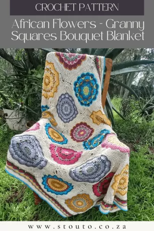 African Flowers granny squares bouquet blanket with colourful floral squares