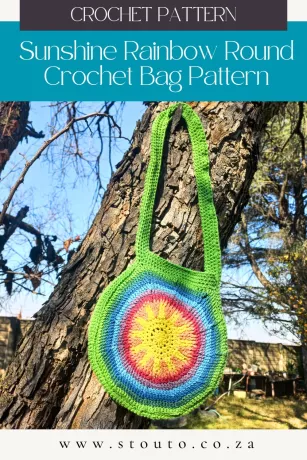 Sunshine Rainbow Round Crochet Bag Pattern with colourful textured sun motif