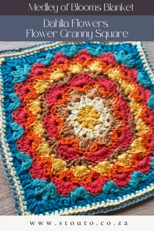 Dahlia flower granny square crochet pattern worked in soft cotton yarn