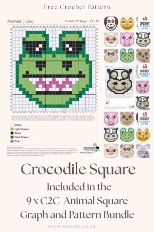 Crochet a cheerful crocodile with this free C2C crochet square pattern