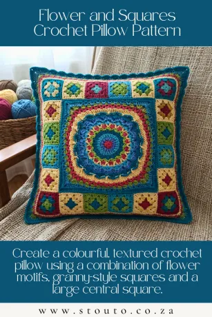 Crochet flower square pillow pattern featuring colourful 3dc granny squares