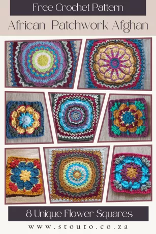Free Crochet Blanket Pattern - 8 African Patchwork Crochet Flower Squares in one Pattern