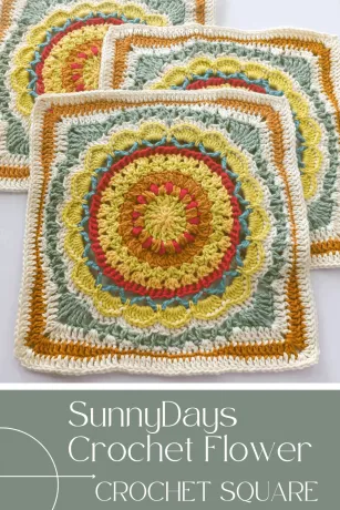 Sunnydays Large Granny Square is a free crochet pattern with puff stitches, post stitches, and a beautiful sunburst center. Ideal for modern blankets and large crochet squares. Easy to follow and fun to make!