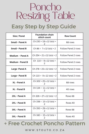 Easy to follow Poncho resizing table and guide