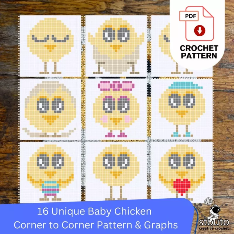 Corner to crorner crochet graphs and patterns for 16 diffrent baby chicken 
