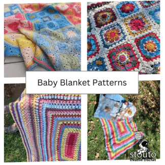 Collection of crochet baby blanket patterns in soft pastel yarns