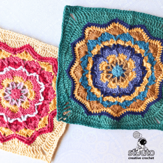Finished Star Flower Granny Square crochet pattern in a 9 inch floral block