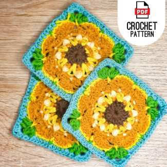 Cape Daisy flower granny square crochet pattern featuring layered petals and textured stitch details