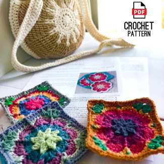 Decorative floral crochet square inspired by African daisy flowers.