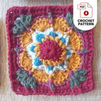 Close up African Cosmos crochet granny square flower texture detail