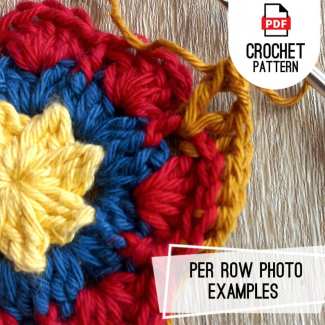 Easy free flower granny square crochet pattern with layered petals and detailed photo tutorial.
