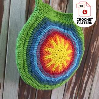 Sunshine Rainbow Round Crochet Tote Bag laid flat showing front and strap construction 