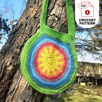 Handmade Sunshine Rainbow crochet tote bag with adjustable shoulder strap