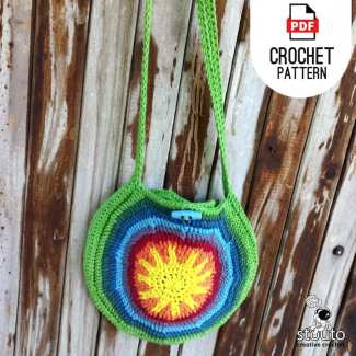 Sunshine Rainbow Round Crochet Bag Pattern with colourful textured sun motif