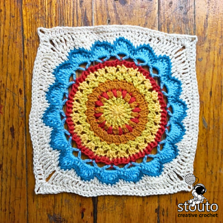 New Age Daisy crochet modern flower square PDF pattern with step-by-step written instructions and detailed photo tutorial