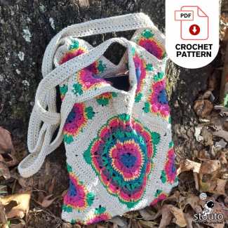 Crazy Daisy Squares crochet tote bag pattern made with colorful flower granny squares