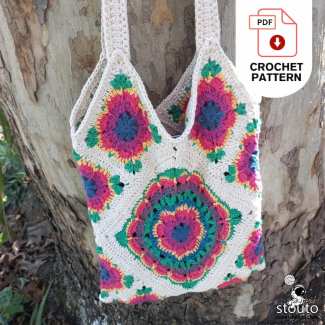 Large crochet tote bag made from colorful Crazy Daisy flower granny squares