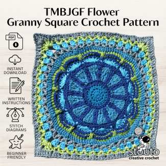 Beginner-friendly TMBJGF Flower Granny Square crochet pattern with stitch diagrams and photo tutorials.