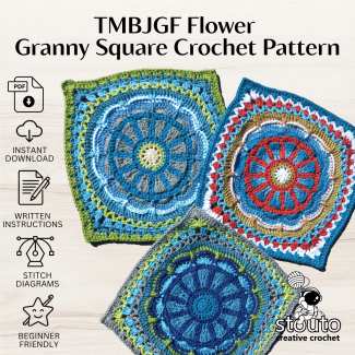 Detailed view of the TMBJGF Flower Granny Square highlighting textured crochet stitches and floral design.