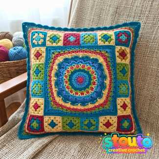 Crochet pillow square layout showing flower squares joined around a central floral square