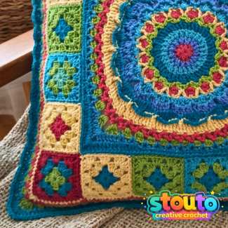 Crochet flower square pillow pattern featuring colourful 3dc granny squares