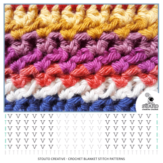 2HDC crochet stitch diagram showing two half double crochet stitches in each space